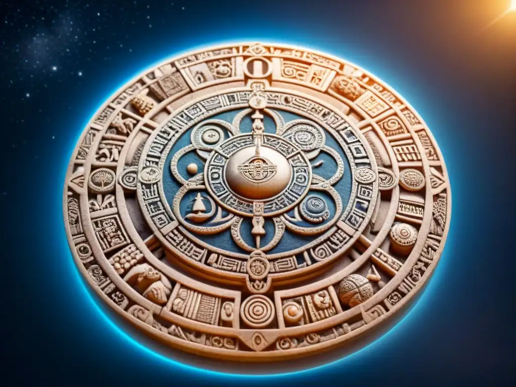 Detallado calendario maya en piedra, con glifos celestiales y patrones temporales, en un cielo estrellado; reflejo de la astronomía en rituales mayas