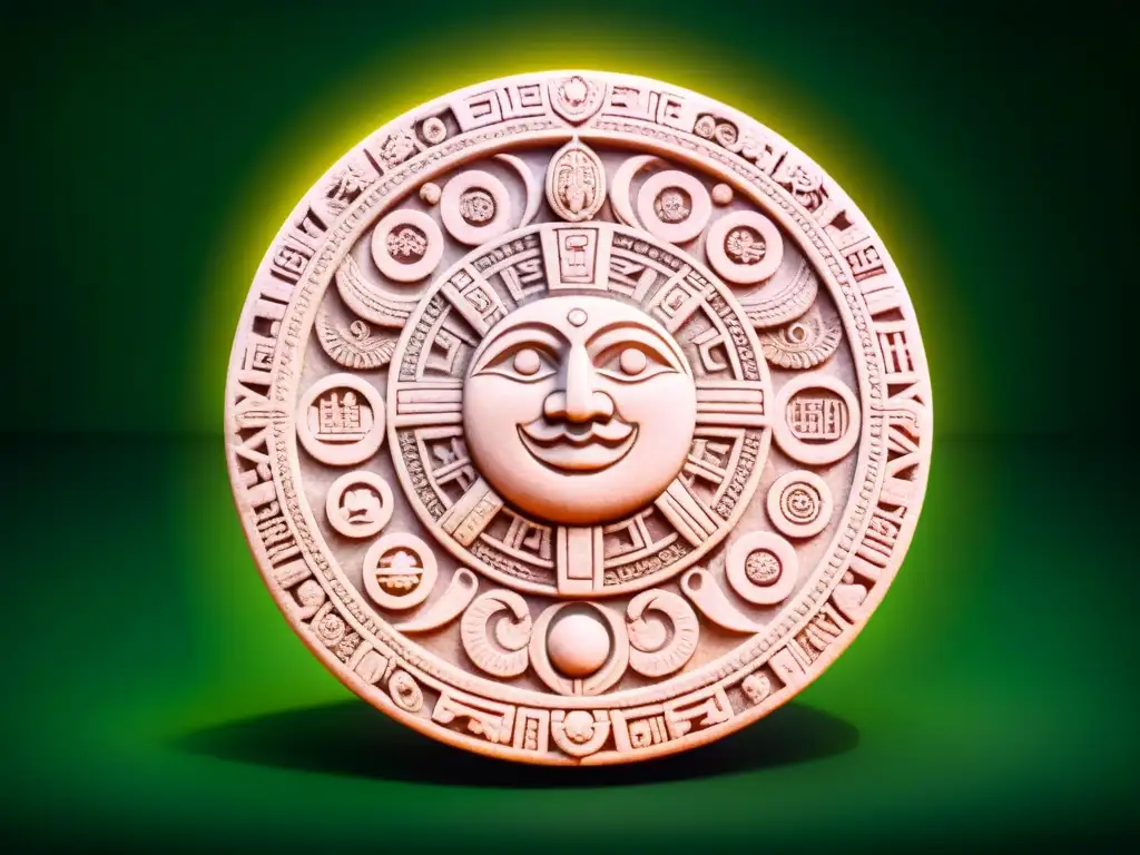 Detallado calendario maya en piedra, con símbolos y glifos, bajo la luz del sol en la selva, mostrando la cosmovisión maya eclipses astronómicos