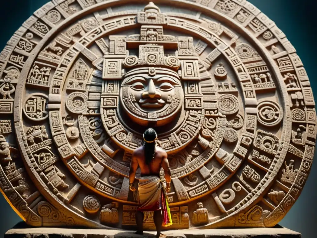 Detallado calendario maya con profecías mayas interpretaciones siglo XXI, bañado en cálida luz solar