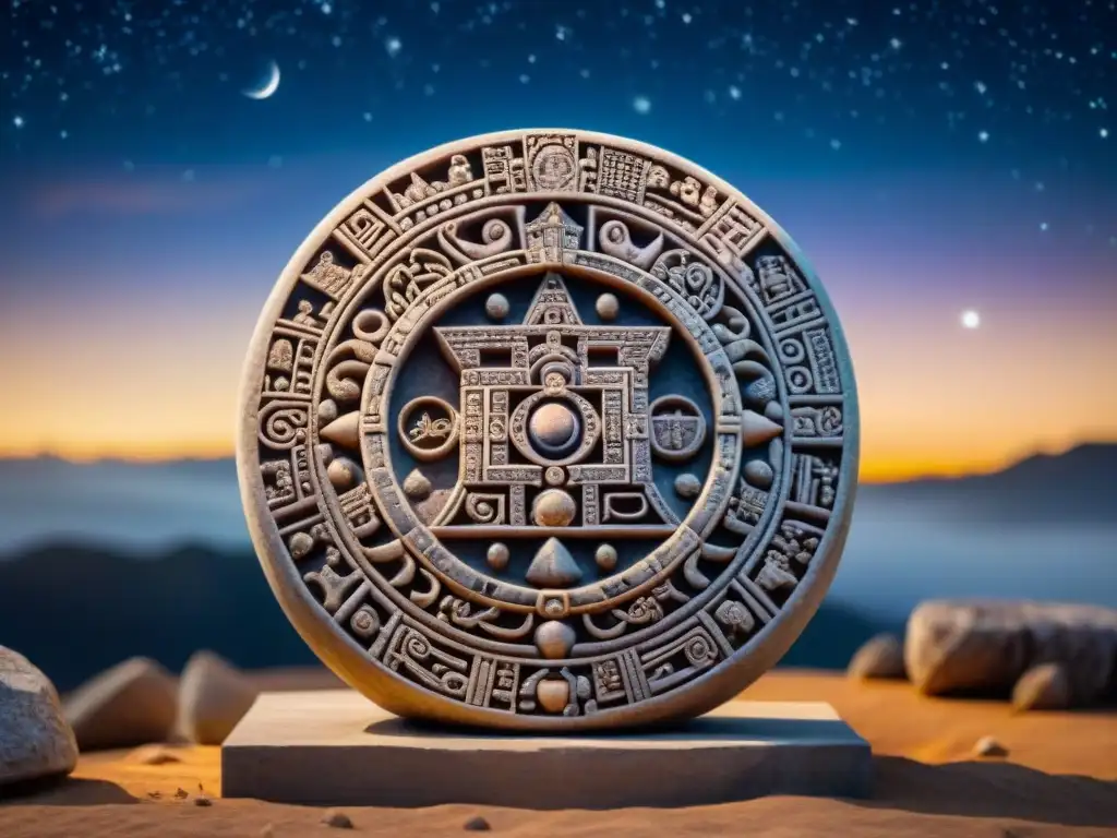 Detallado calendario maya tallado con símbolos astronómicos y carvings intrincados, en un cielo estrellado