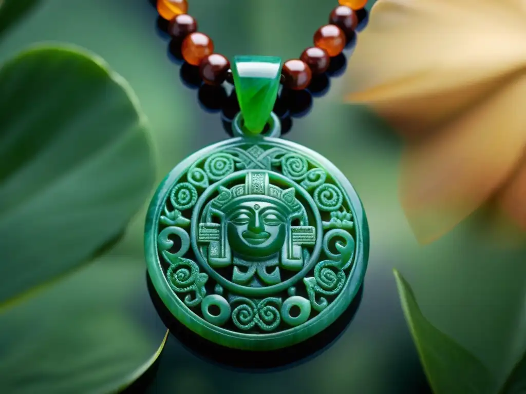 Detallado colgante de jade maya con grabados simbólicos, reflejando la artesanía y significado cultural de las joyas mayas tendencias moda