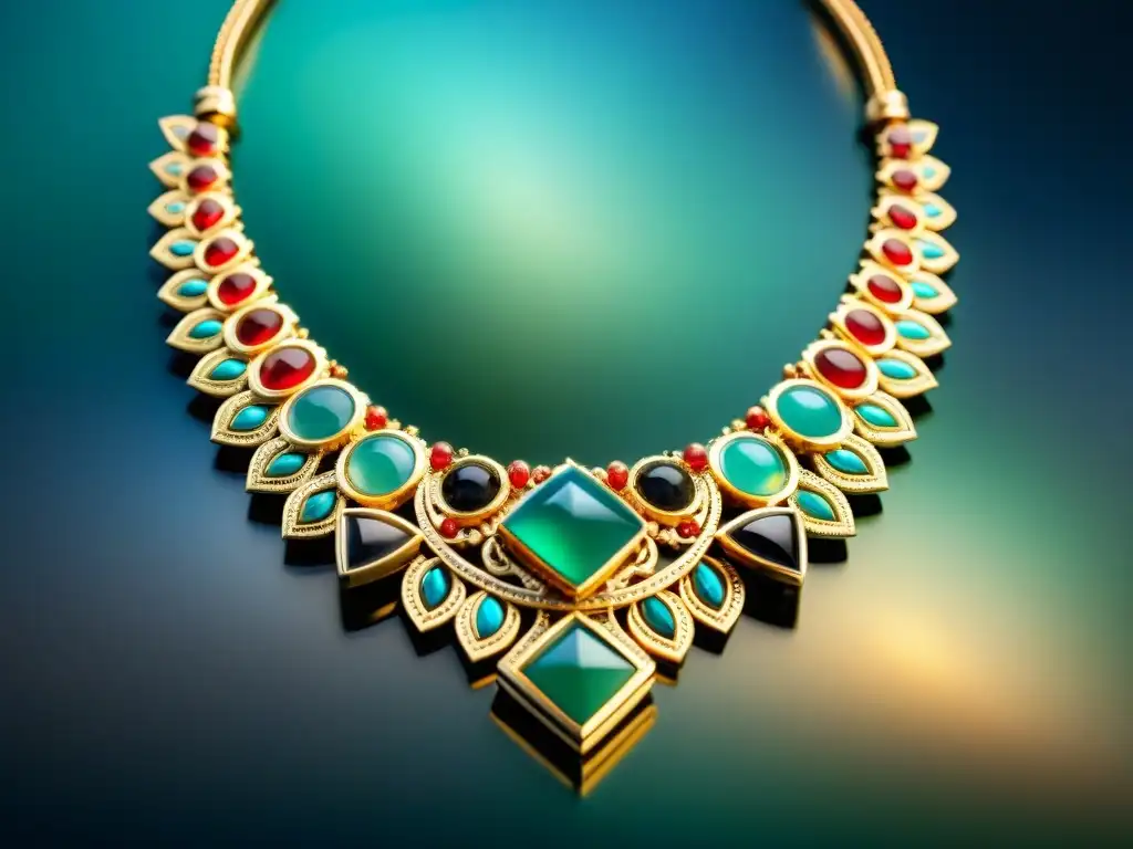 Collar contemporáneo inspirado en joyería maya Detallado collar contemporáneo inspirado en la joyería maya, con patrones geométricos y gemas vibrantes