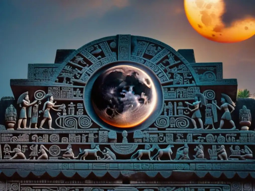 Detallado grabado maya de un eclipse solar con glifos intrincados y significado espiritual eclipses civilización Maya