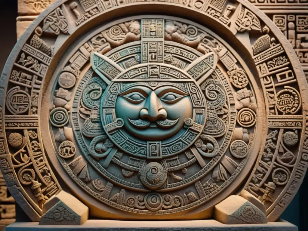 Detallado grabado en piedra del Calendario Maya, con intrincados glifos y símbolos, evocando misterio y sabiduría