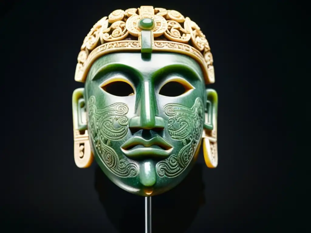 Detallado jade máscaras mortuorias cultura maya, con grabados de criaturas míticas y patrones intrincados en contraste con fondo de terciopelo oscuro