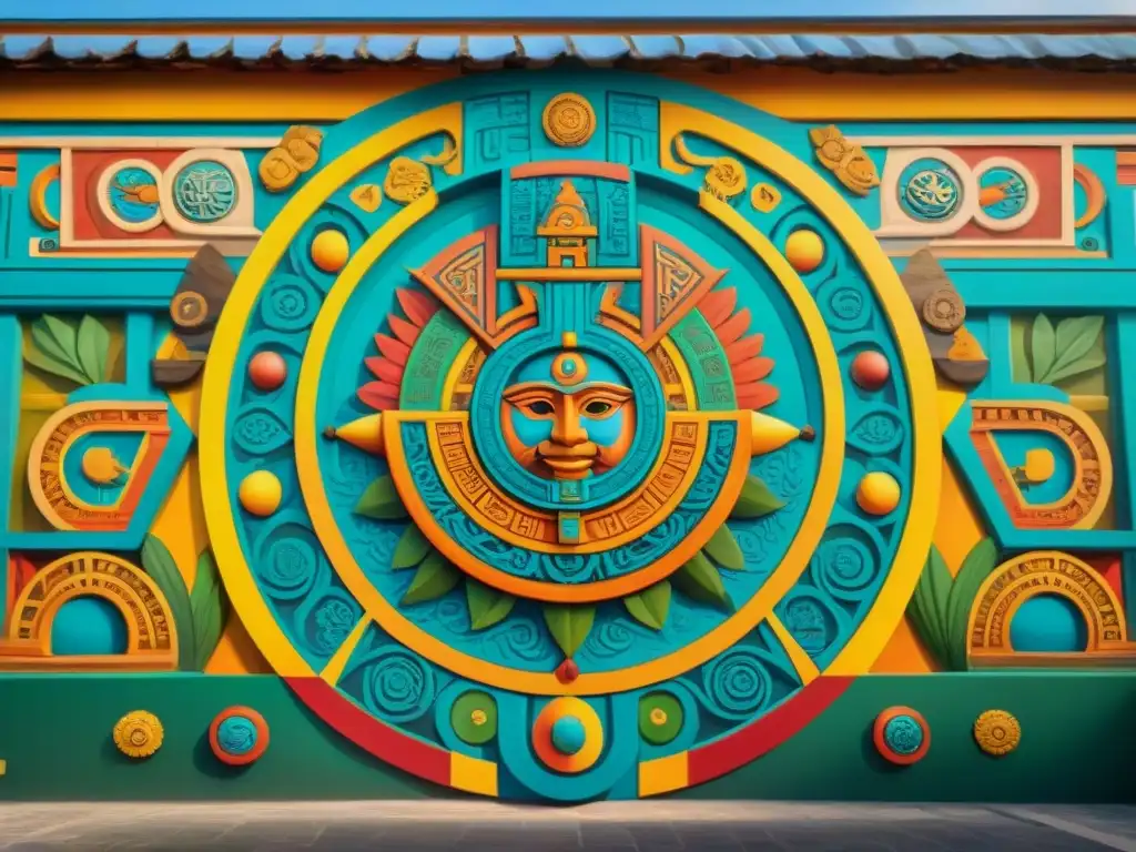 Detallado mural del calendario maya, colores vibrantes y elementos simbólicos