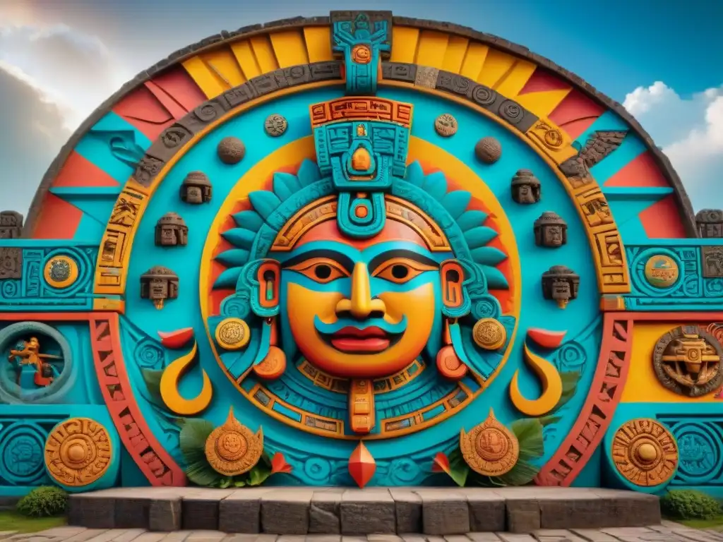 Detallado mural 8k de la cosmología maya: historias de creación y destrucción representadas con colores vibrantes y detalles intrincados