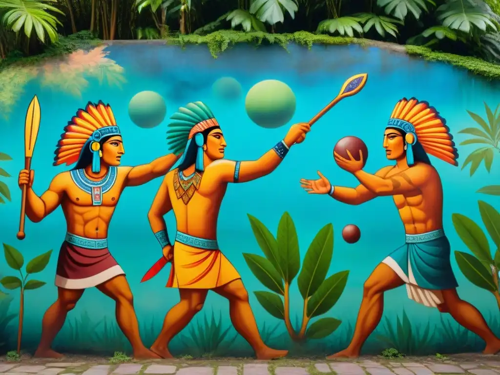 Detallado mural de leyendas héroes juego pelota maya en pared de piedra con selva mística de fondo, colores ricos y tierra