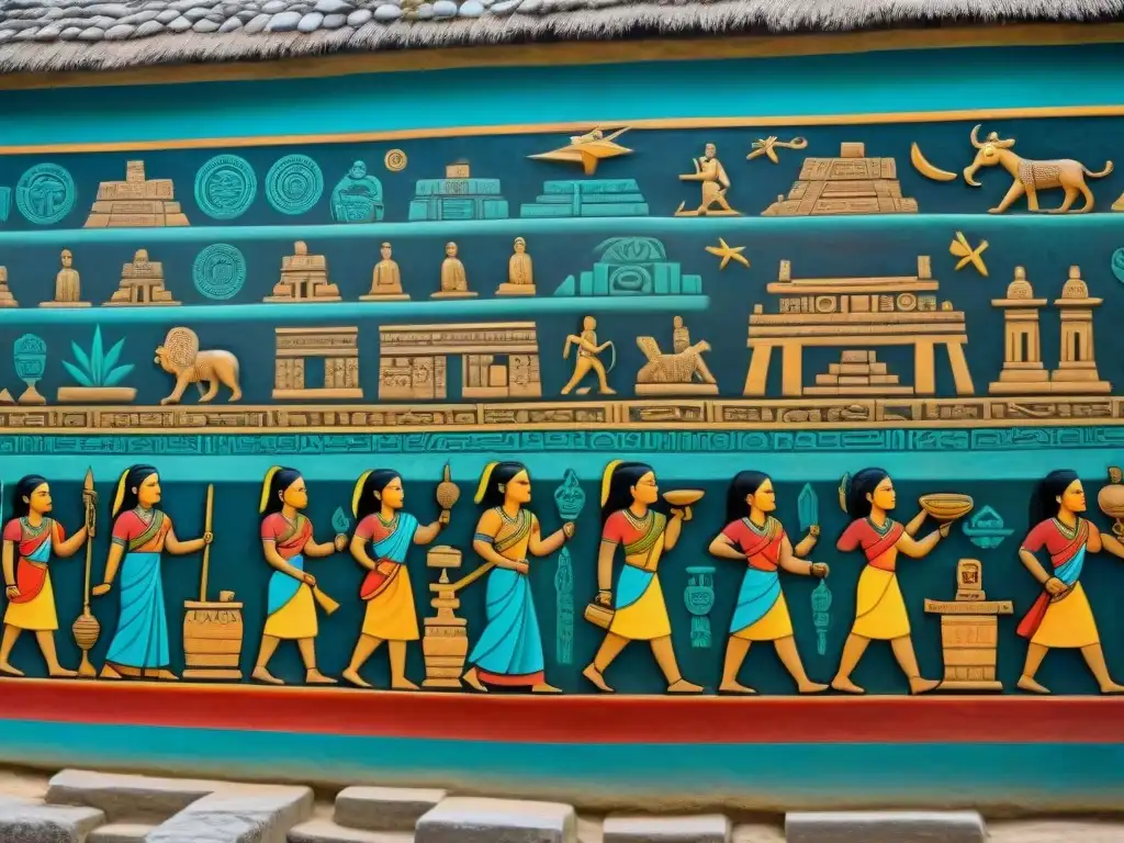 Detallado mural maya ilustra educación en la civilización maya con escenas de estudiantes y mercado animado