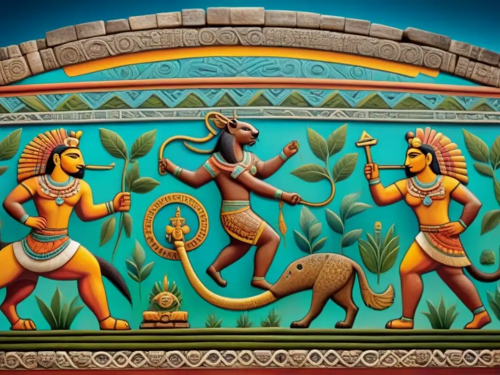 Detallado mural maya ilustrando mitos de creación y fauna con jaguares, quetzales y ciervos entre plantas de maíz y elementos celestiales