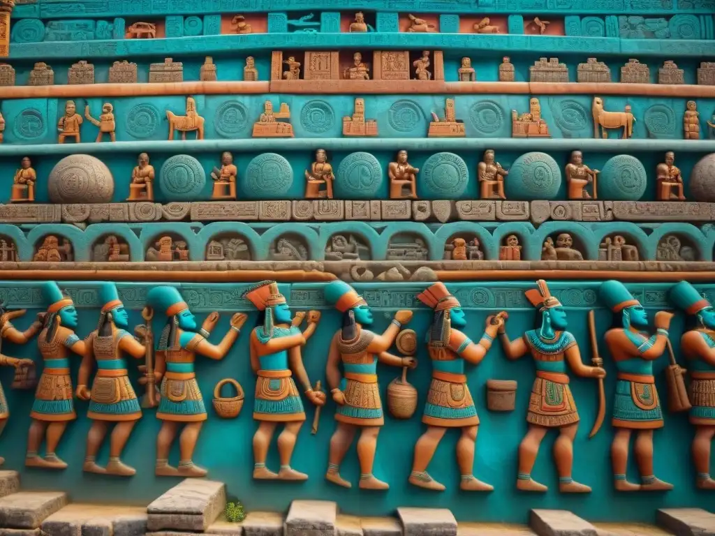 Detallado mural maya con secuencia narrativa, figuras y símbolos en estilo tradicional