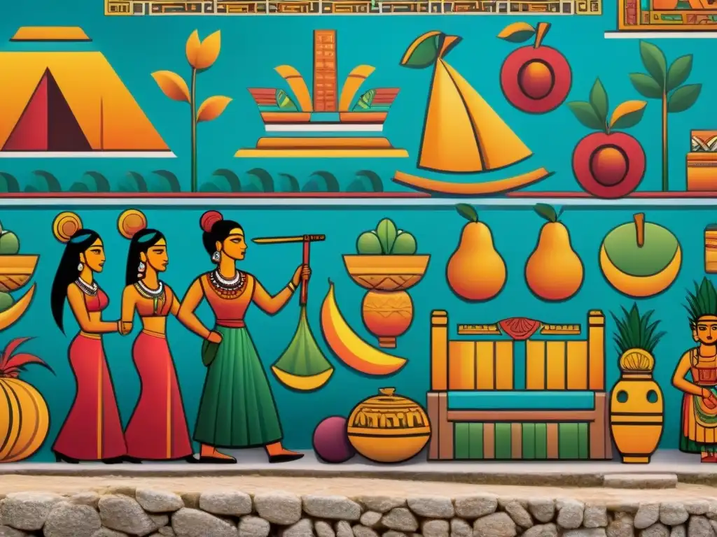 Detallado mural maya revela vida cotidiana: mercado bullicioso, colores vibrantes y figuras tradicionales