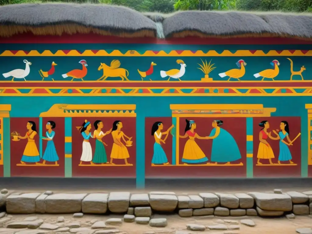 Detallado mural de la vida cotidiana maya en Bonampak, con colores vibrantes y escenas detalladas de actividades diarias