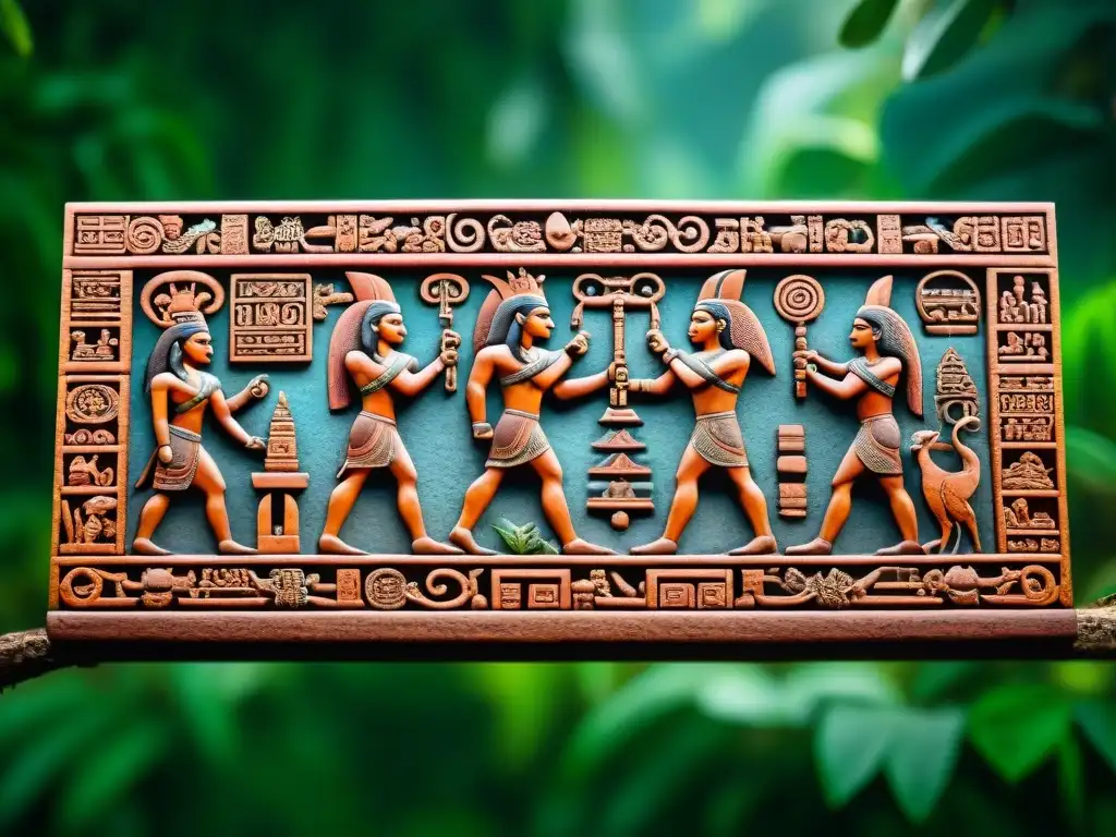 Detallado panel de jeroglíficos mayas ilustrando la creación, en una selva exuberante