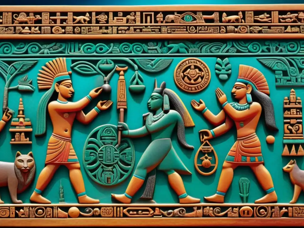 Detallado panel maya de la creación del mundo, con dioses, animales y elementos celestiales en vibrantes colores