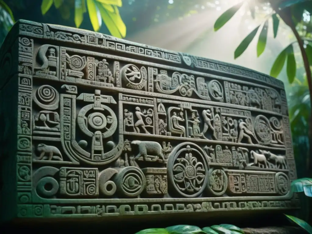 Detallado relieve maya del Calendario maya interpretación divina, envuelto en misterio bajo la luz del sol en la selva