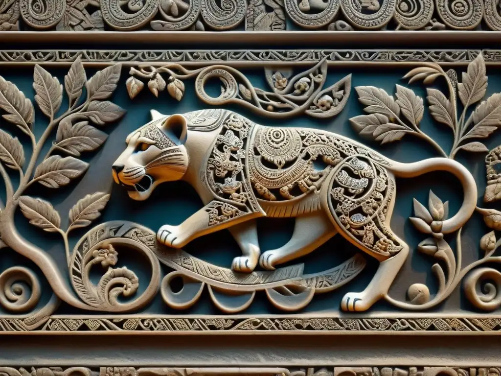 Detallado relieve maya de fauna con jaguares, monos y aves esculpidos en piedra