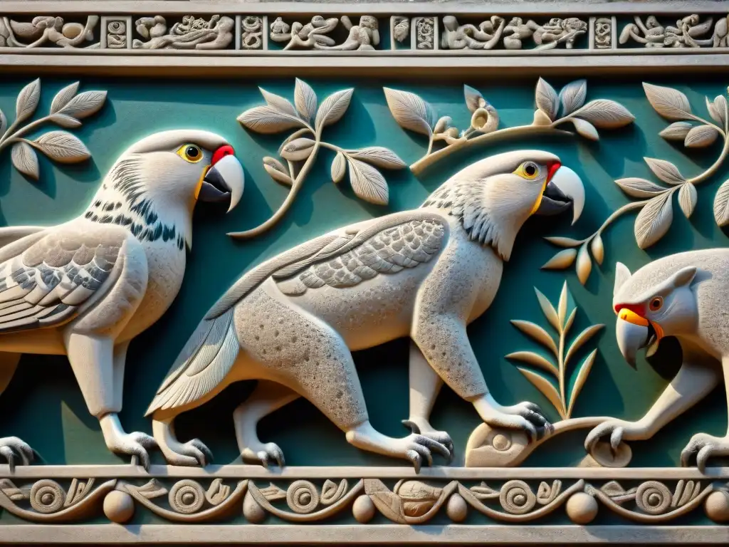 Detallado relieve maya de fauna en piedra, reflejando jaguares, guacamayos y monos
