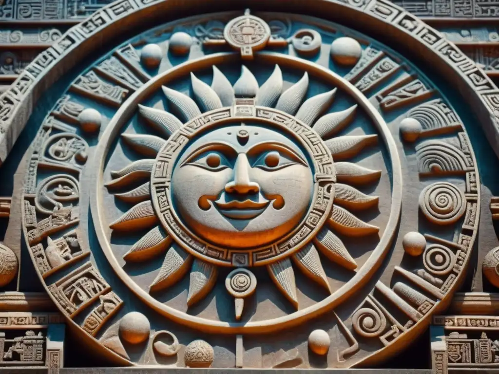 Detallado relieve maya de significado planetas cosmología Maya, con símbolos solares y lunares entrelazados