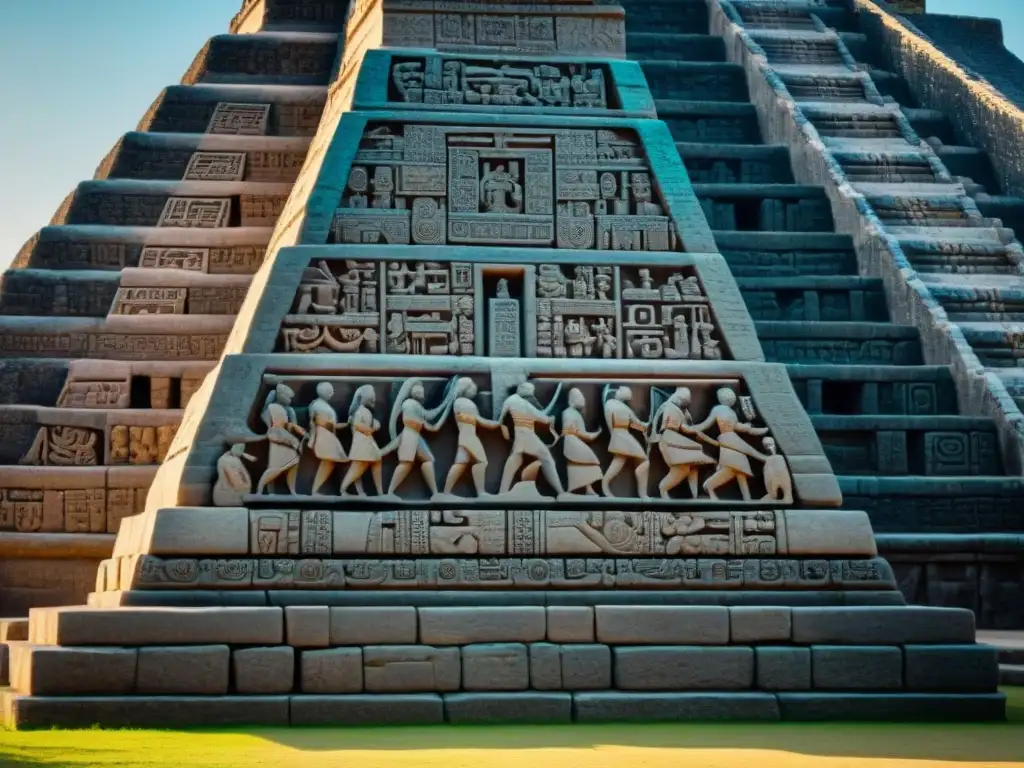 Detallado relieve de piedra con los ciclos largos del Calendario maya, resaltando la precisión y arte de la civilización maya