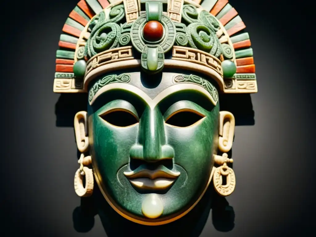 Detallado retrato de máscara maya de jade sobre terciopelo oscuro