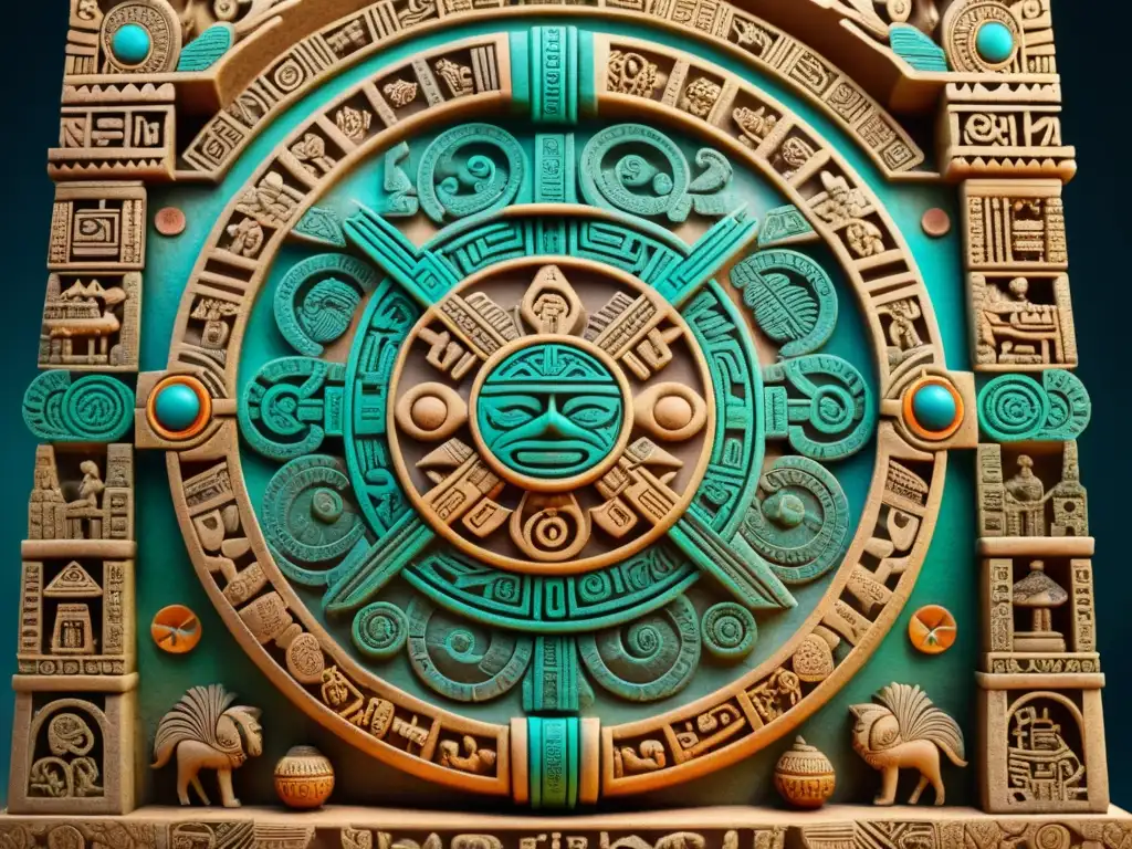 Detallado tallado piedra del calendario maya, simbolizando el significado calendario ritual días mayas con colores vibrantes y símbolos intrincados