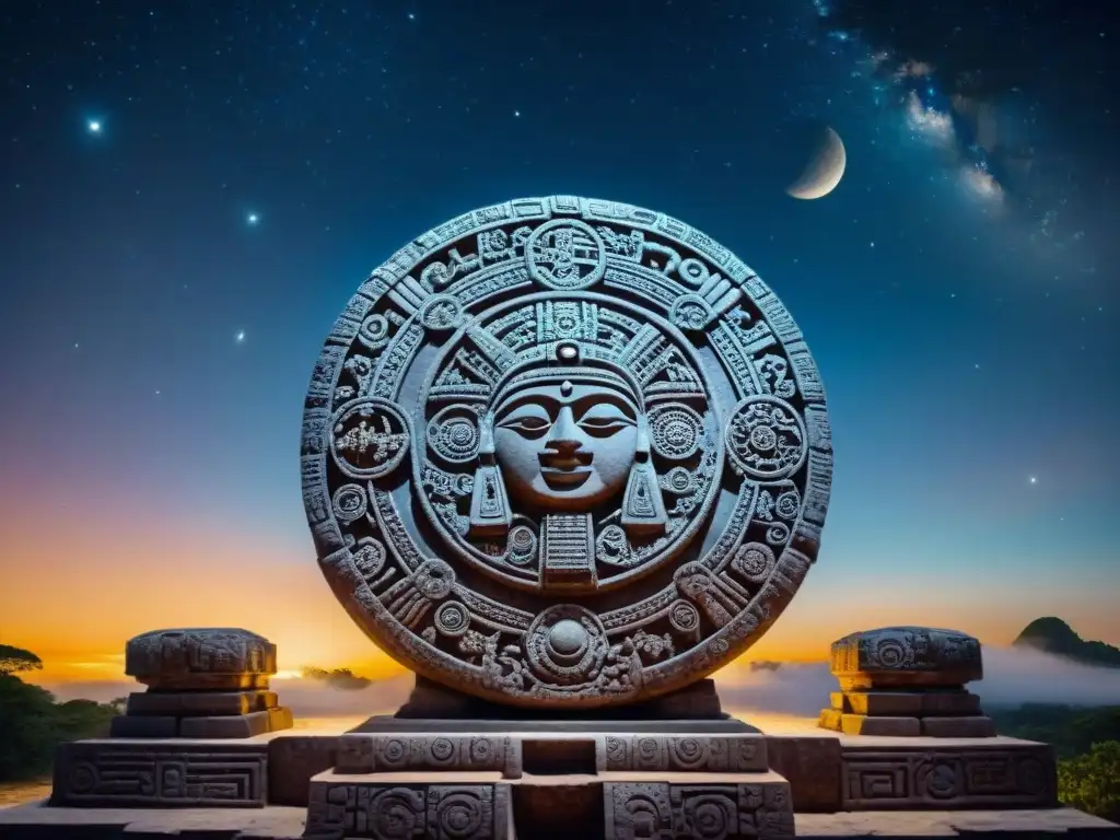 Detallado tallado en piedra de los astros mayas en un sitio astronómico, revelando su profundo significado cósmico