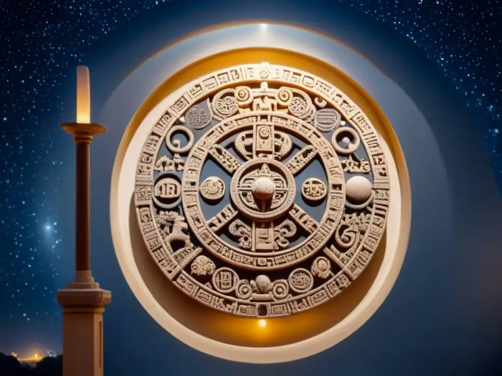 Detallado tallado en piedra del Calendario Cuenta Larga Civilización Maya, con símbolos astronómicos y jeroglíficos, sobre un cielo estrellado