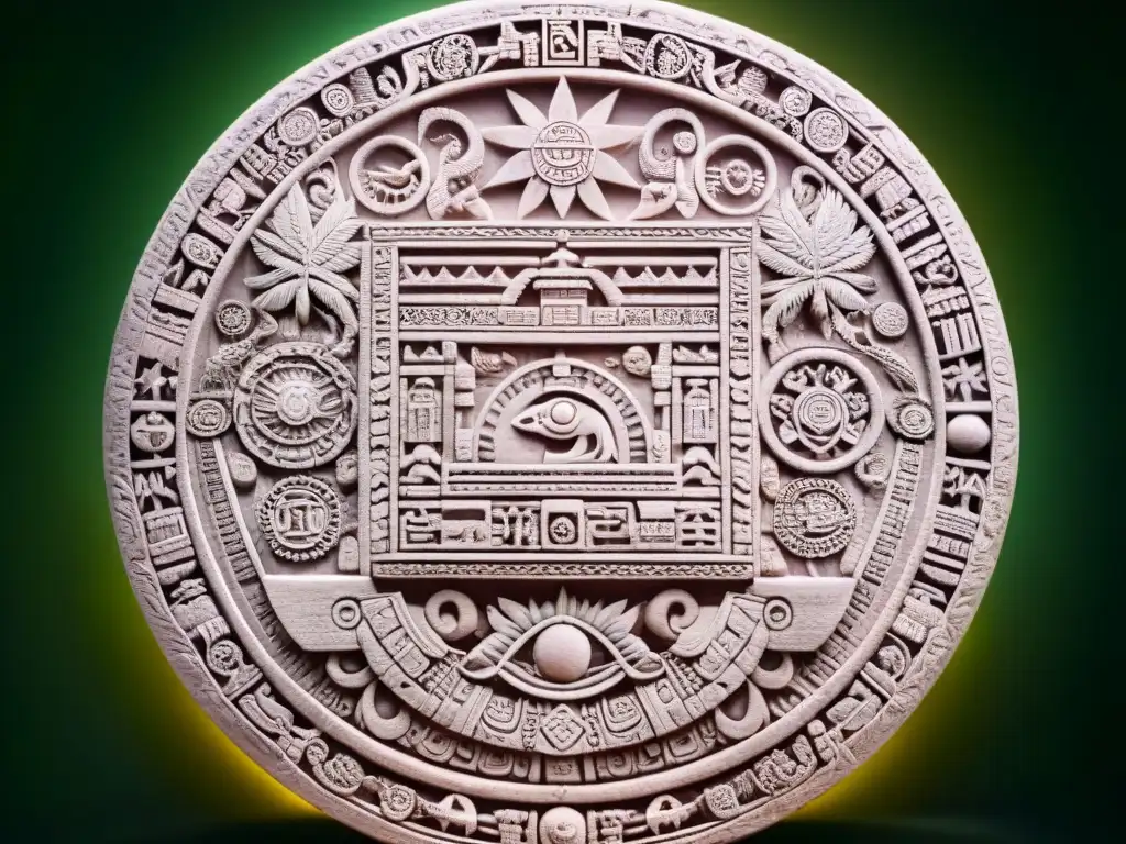 Detallado tallado en piedra del calendario maya, iluminado por el sol en la selva