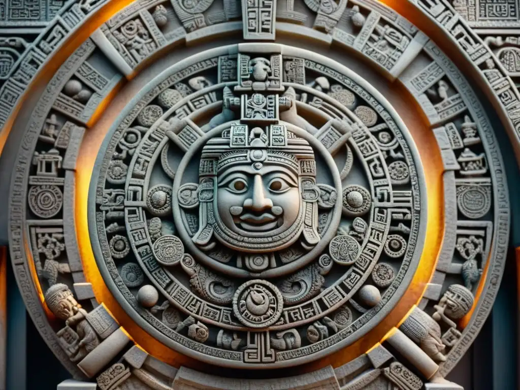 Detallado tallado en piedra del calendario maya interpretación divina