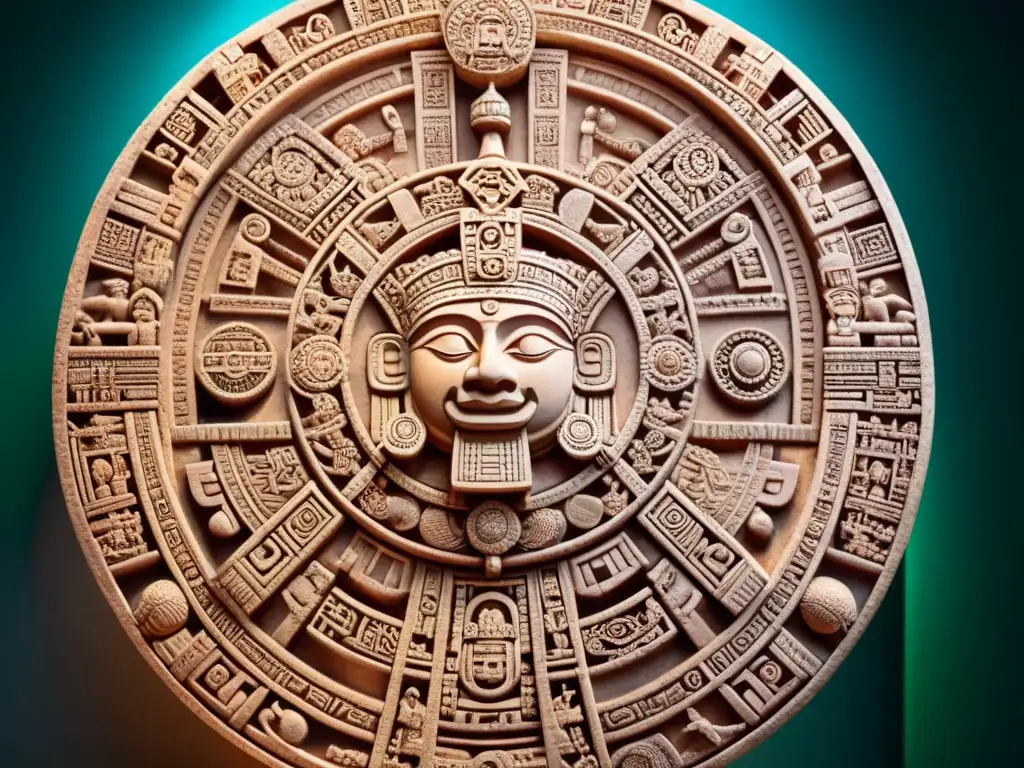 Detallado tallado en piedra del calendario maya, símbolos representan ciclos cósmicos