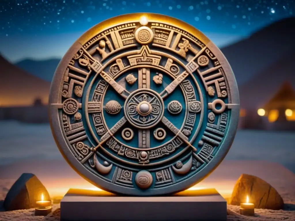 Detallado tallado en piedra del Calendario Maya, con descubrimientos precisos de la astronomía, iluminado por antorchas en noche estrellada