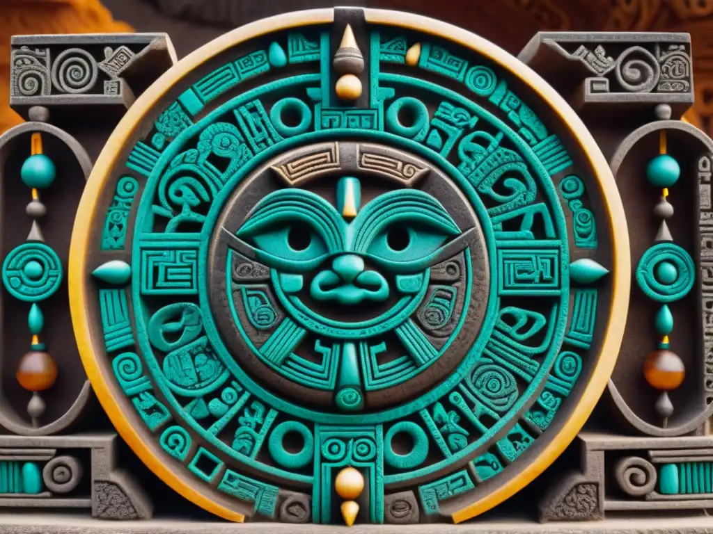 Calendario Maya: Detalles de un tallado ancestral Detallado tallado de piedra maya con símbolos calendáricos, destacando la precisión y complejidad del calendario maya
