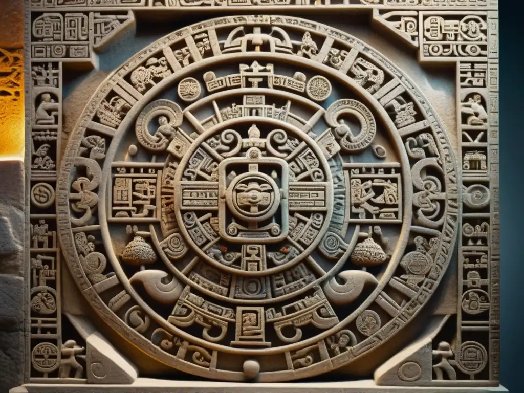 Detallado tallado en piedra Maya del calendario Tzolk'in, iluminado por luz natural