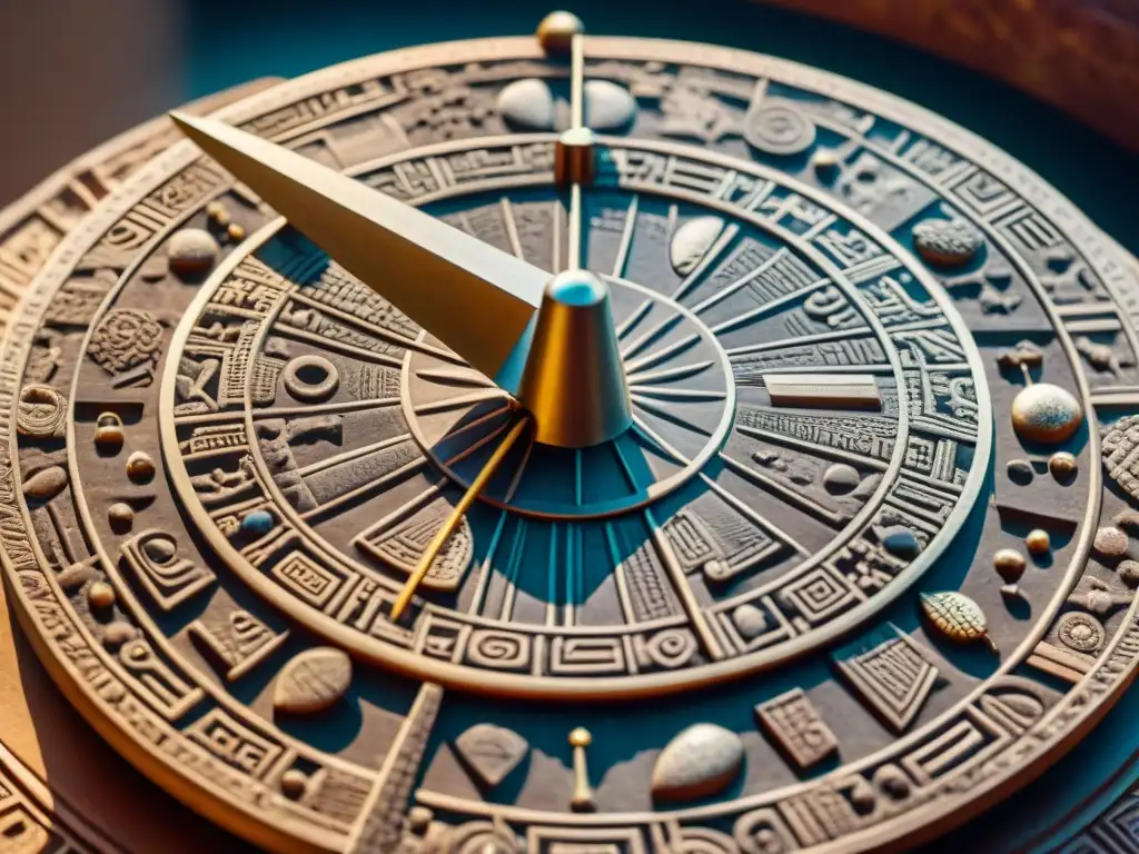 Detallado tallado de un reloj solar maya contra un cielo estrellado, resaltando la conexión con el Calendario Maya Precisión Astronómica