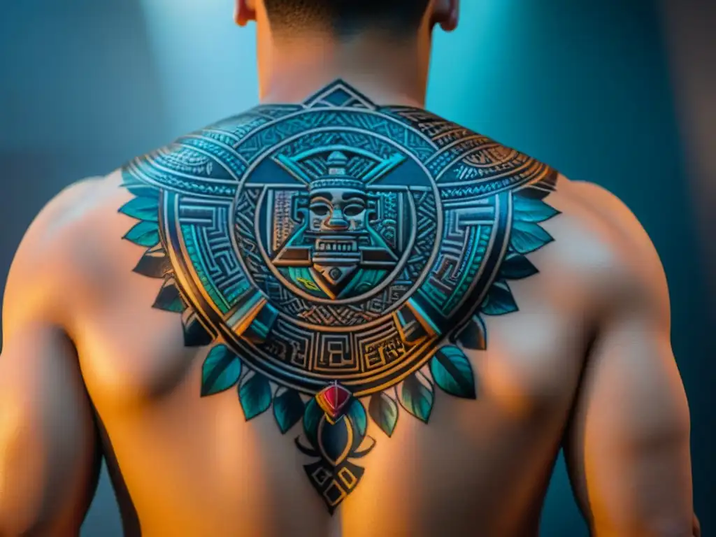 Un detallado tatuaje de espalda inspirado en símbolos mayas, con formas geométricas y patrones intrincados