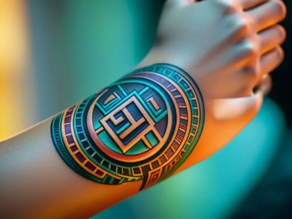 Detallado tatuaje maya en antebrazo, simbolizando historia y cultura