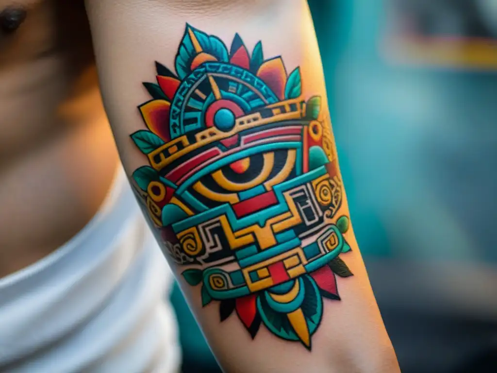 Detallado tatuaje maya en antebrazo: arte moderno con símbolos y serpientes