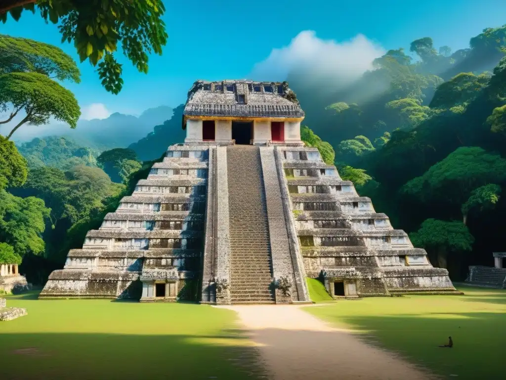 Detallado templo maya en Palenque, rodeado de exuberante vegetación bajo cielo azul