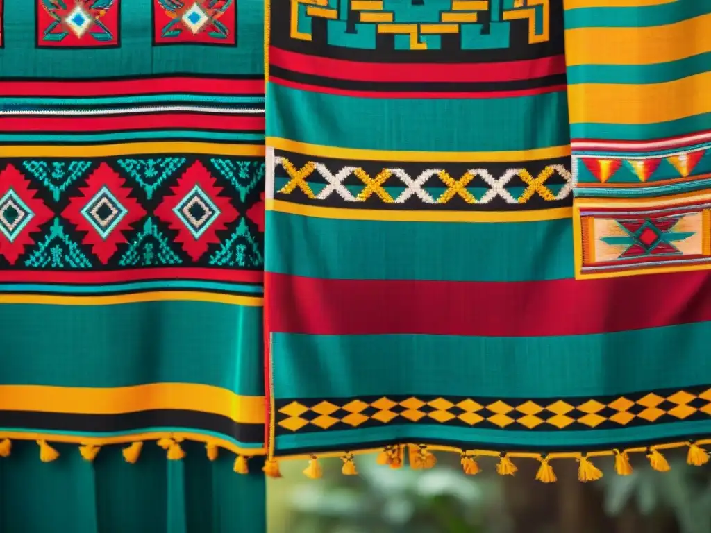 Detallado textil maya: colores vibrantes y patrones geométricos complejos que expresan el significado de los patrones en las vestimentas mayas