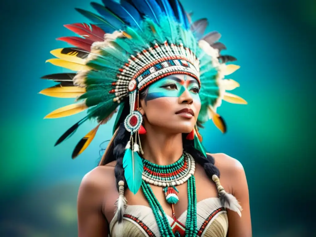 Un detallado tocado maya con plumas vibrantes en tonos de verde, rojo y azul, destacando el significado cultural de las plumas mayas