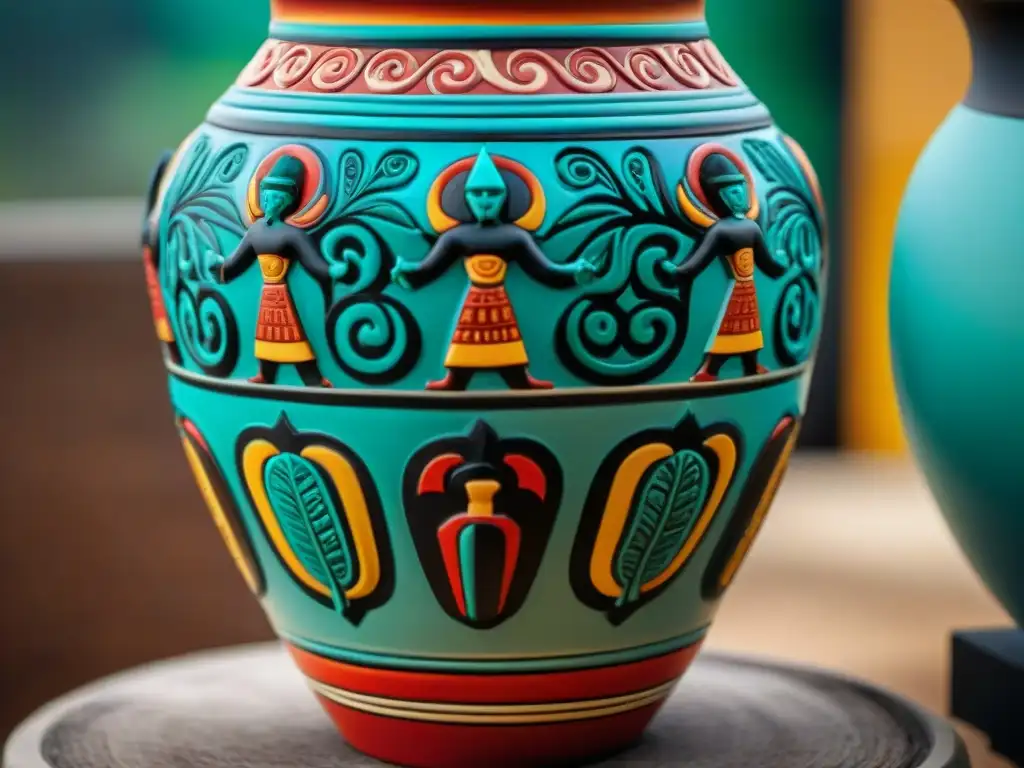 Detallado vaso maya con Zac Cimi, Dios de la muerte maya: vibrantes colores y patrones intrincados