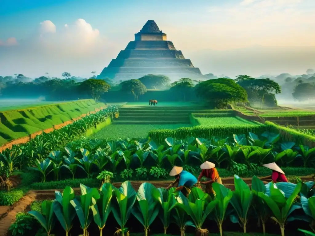 Detalle de la agricultura maya: campos de maíz, frijoles y calabazas en terrazas, pirámides y templos al fondo al amanecer
