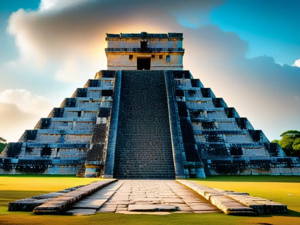 Detalle de Chichén Itzá: Alineaciones astronómicas mayas turismo en El Castillo durante el equinoccio, con sombra de serpiente