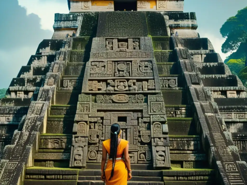 Detalle de las alineaciones astronómicas en las ruinas del Templo del Sol en Tikal, Guatemala, resaltando la sabiduría maya