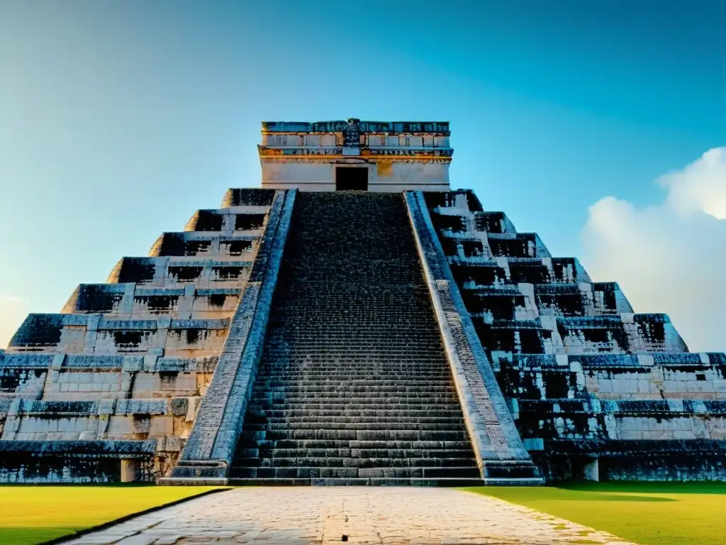 Detalle en alta resolución de la geometría sagrada en la fachada del Templo de Kukulcán en Chichén Itzá, civilización maya