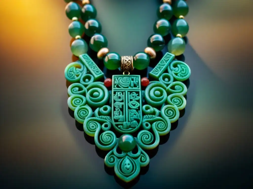 Detalle de joyería maya ancestral significado: collar de jade con símbolos y patrones que brillan en la luz