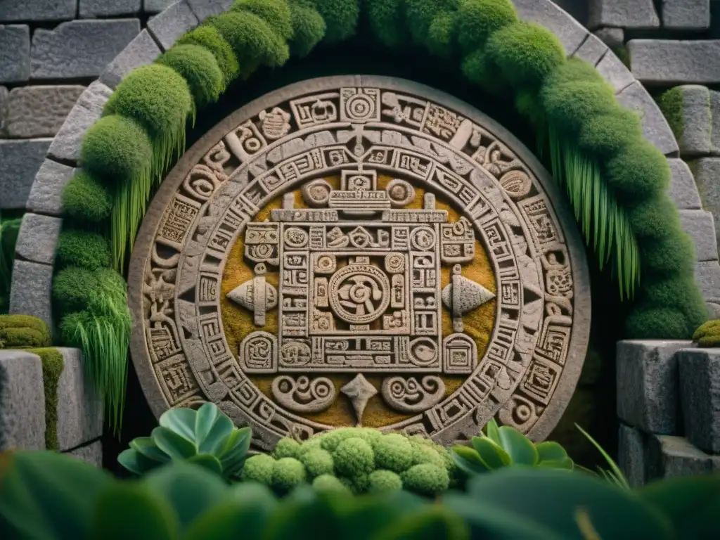 Detalle del antiguo Calendario Maya de Planificación Agrícola esculpido en piedra, con ricos tonos terrosos y musgo, bajo suave iluminación natural