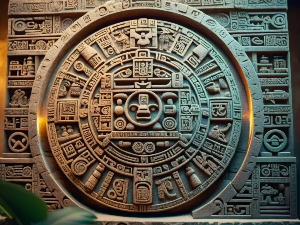 Detalle del antiguo calendario maya esculpido en piedra, con símbolos y glifos que representan el paso del tiempo y eventos celestiales