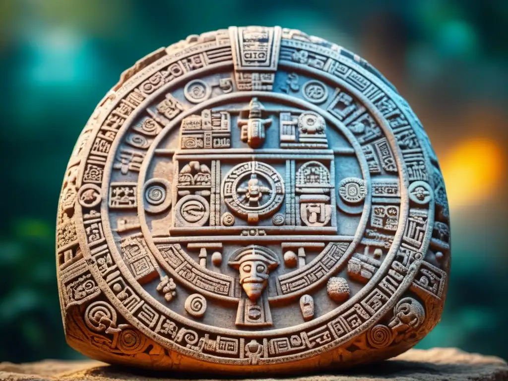 Calendario maya tallado: sabiduría astronómica ancestral Detalle del antiguo calendario maya tallado, reflejando sus avanzadas Tecnologías mayas olvidadas herencia cultural